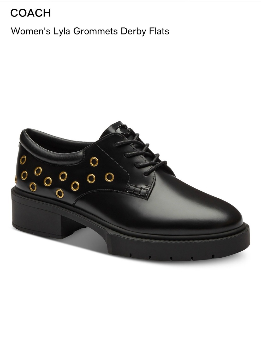 Coach Black Leather Lace-Up Oxfords with Gold Eyelets